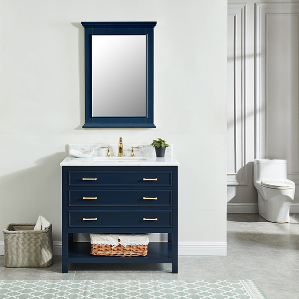Manhattan 36-in Navy Blue Single Sink Bathroom Vanity with Carrara White Natural Marble Top- V1.0