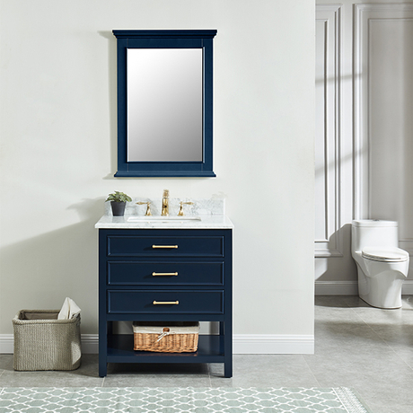Manhattan 30-in Navy Blue Single Sink Bathroom Vanity with Carrara White Natural Marble Top- V1.0