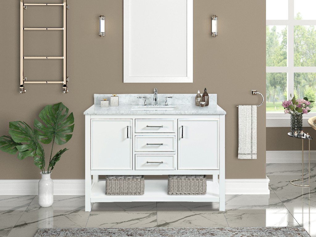 Manhattan 48-in Vanity Combo in White with 1in Thichness Authentic Italian Carrara Marble Top - PlusV2.0
