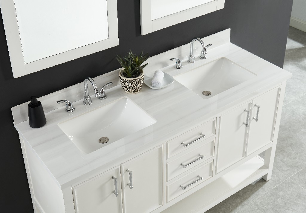 61-in Dolomiti Bianco Sintered Stone Double Sink Bathroom Vanity Top 