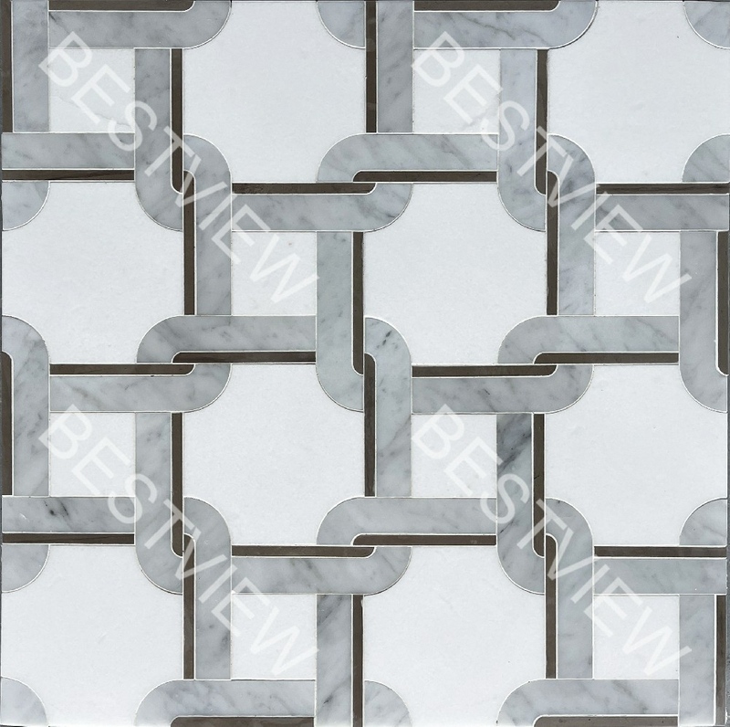 ATHENS GREY.CARRARA AND THASSOS MARBLE WATERJE MOSAIC 000755