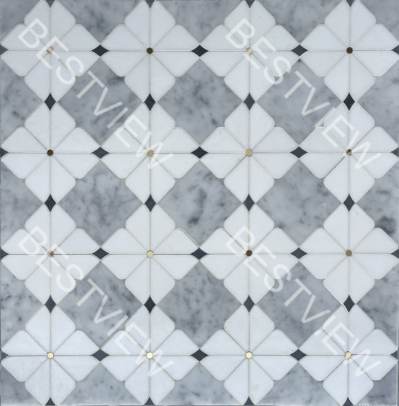 BARDIGLIO, CARRARA AND THASSOS MARBLE WITH BRASS WATERJET MOSAIC 000753
