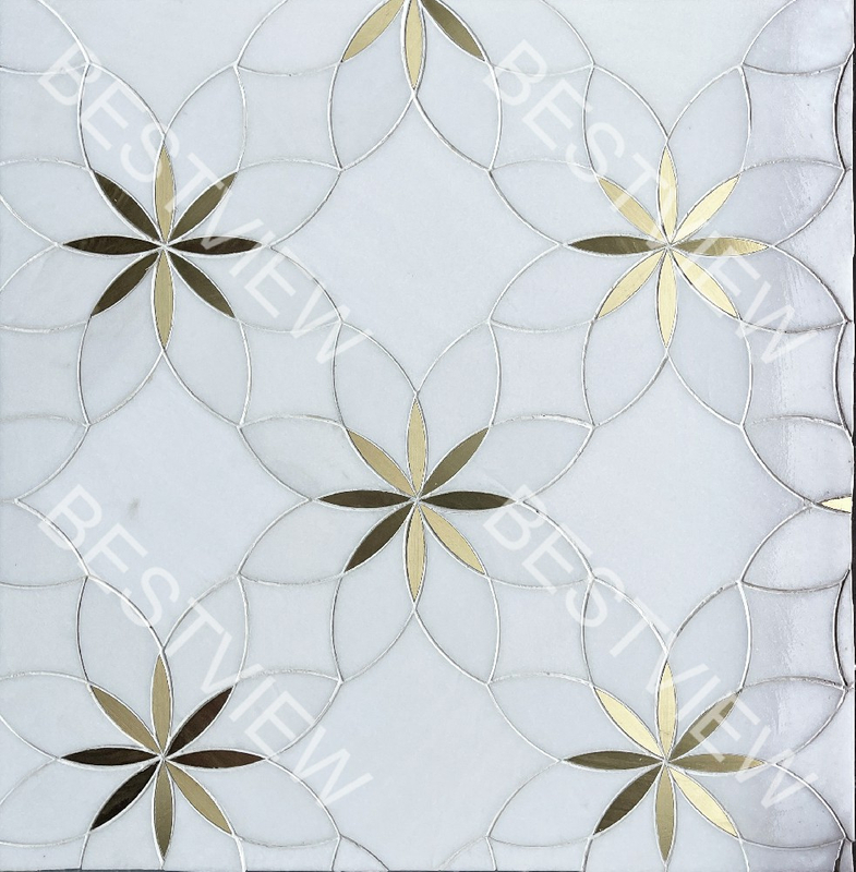 DOLOMITE MARBLE WITH BRASS WATERJET MOSAIC 000750