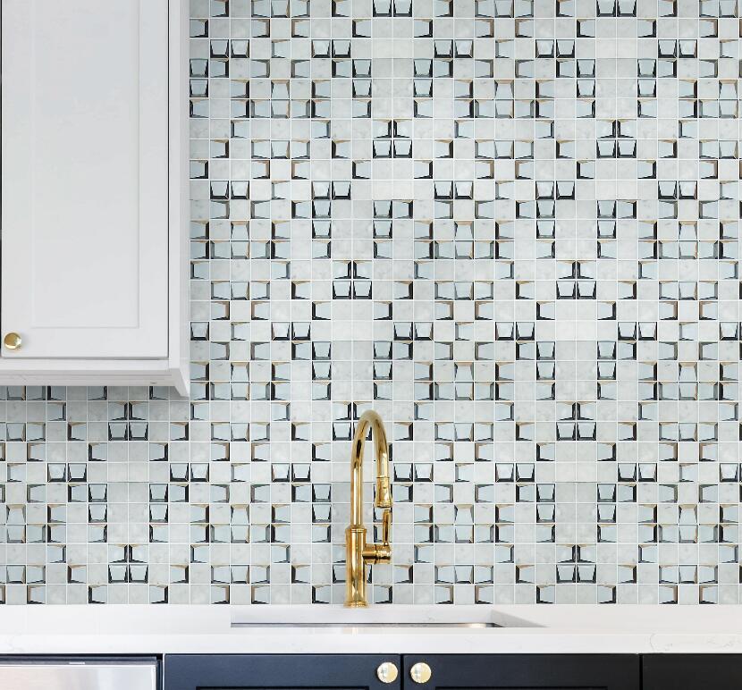 Carrara Marble &3d Glass Mix Mosaic 2”x2” 