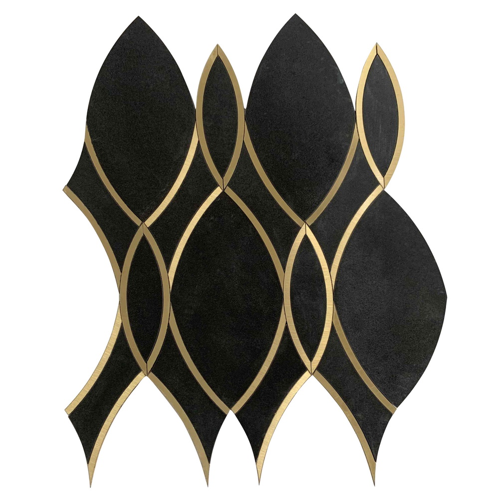 Gold Ribbons - Black Porcelain with Gold Metal Accents Waterjet Mosaic