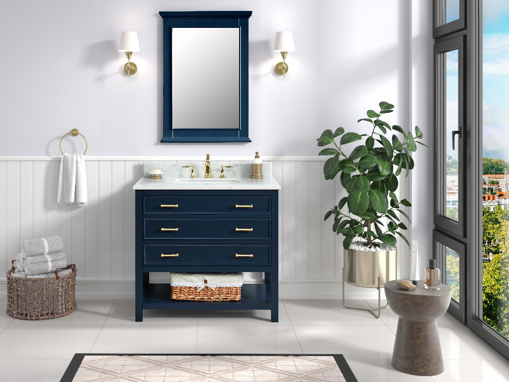 Manhattan 36-in Vanity Combo in Navy Blue with 1in Thichness Authentic Italian Carrara Marble Top - PlusV2.0