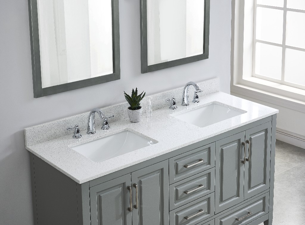 61in Meridian White Engineered Marble Double Sink Bathroom Vanity Top