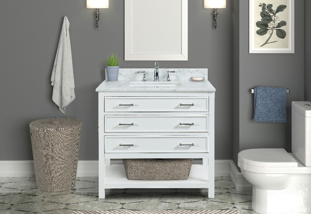 Manhattan 36-in Dove White Single Sink Bathroom Vanity with Carrara White Natural Marble Top- V1.0