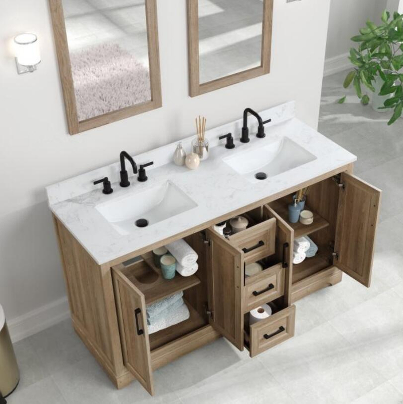 Retford 60in Light Wood Double Sink Bathroom Vanity with Carrara White