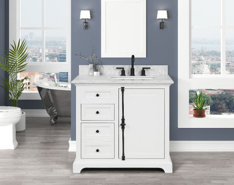 Icon 36-in White Single Sink Bathroom Vanity with Carrara Marble Vanity Top- V1.0