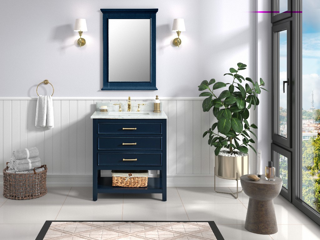 Manhattan 30-in Vanity Combo in Navy Blue with 1in Thichness Authentic Italian Carrara Marble Top - PlusV2.0