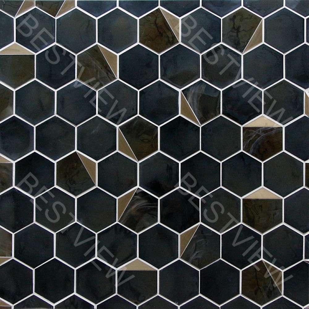 BLACK HOT GLASS WITH METAL MOSAIC 3" HEXAGON Buy Glass Mosaic, Misty